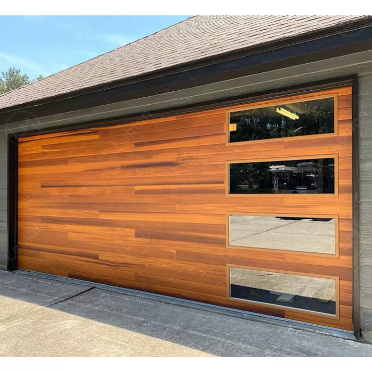 Wood Grain Steel Garage Doors with Side Glass Windows