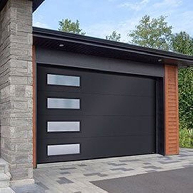 Flush steel garage door with side tempered glass windows