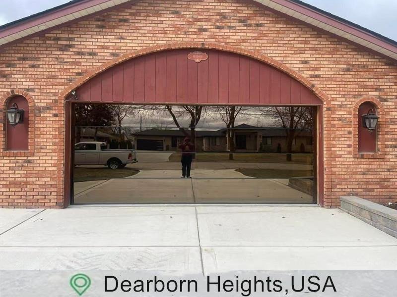 Frameless teak glass garage door